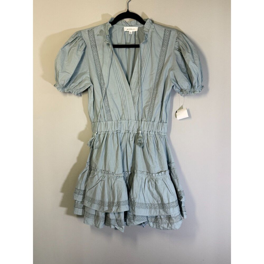MABLE Seafoam‎ Blue Green Puff Sleeve Tiered Mini Dress Small S Coquette Cottage
